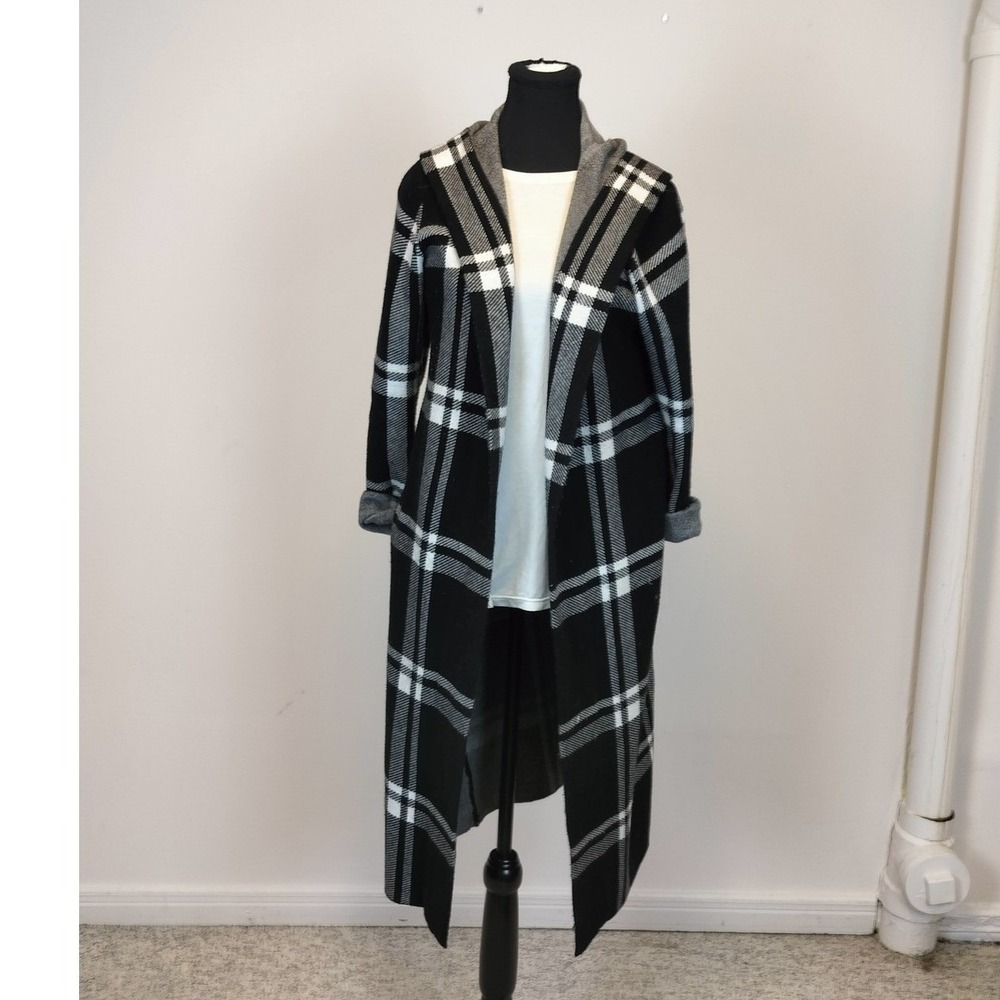 Max Studio Plaid Hooded Longline Duster Cardigan Rayon Blend Size‎ Medium